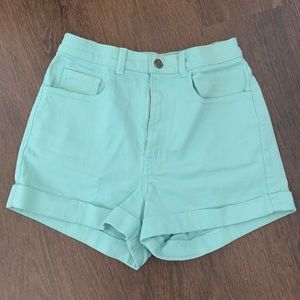 Mint Green High-Waisted Cuff Denim Shorts